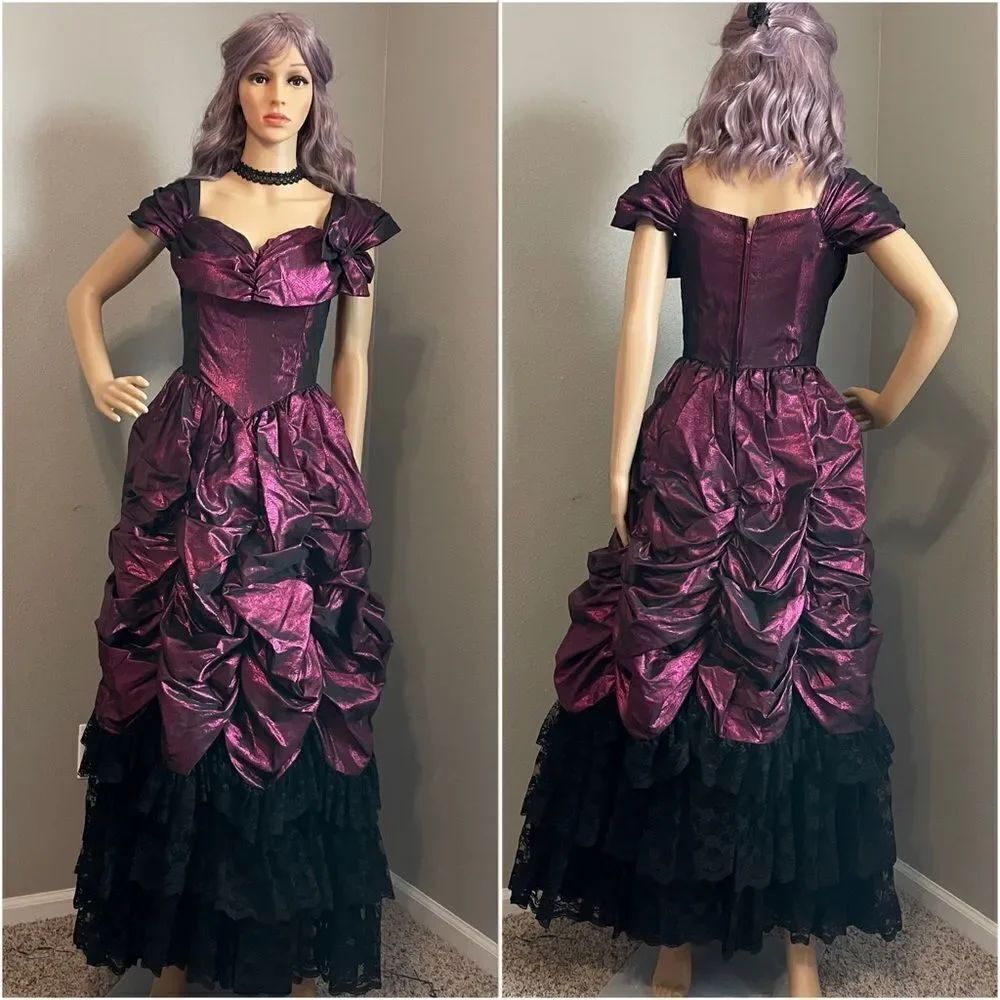 Vintage One of a kind Wine Metallic Prom Dress with Layers of Ruffled Black Lace